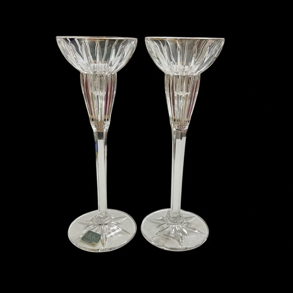 Pair Mikasa Golden Tiara Crystal Candlesticks Germany Gold Rim 8 5/8”
